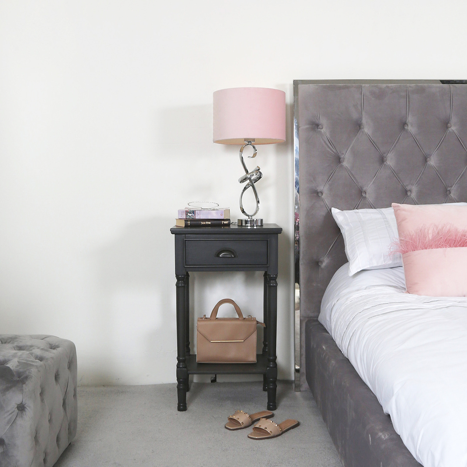 Vanity Living - Wooden 1 Drawer Bedside Table - Grey thumbnail