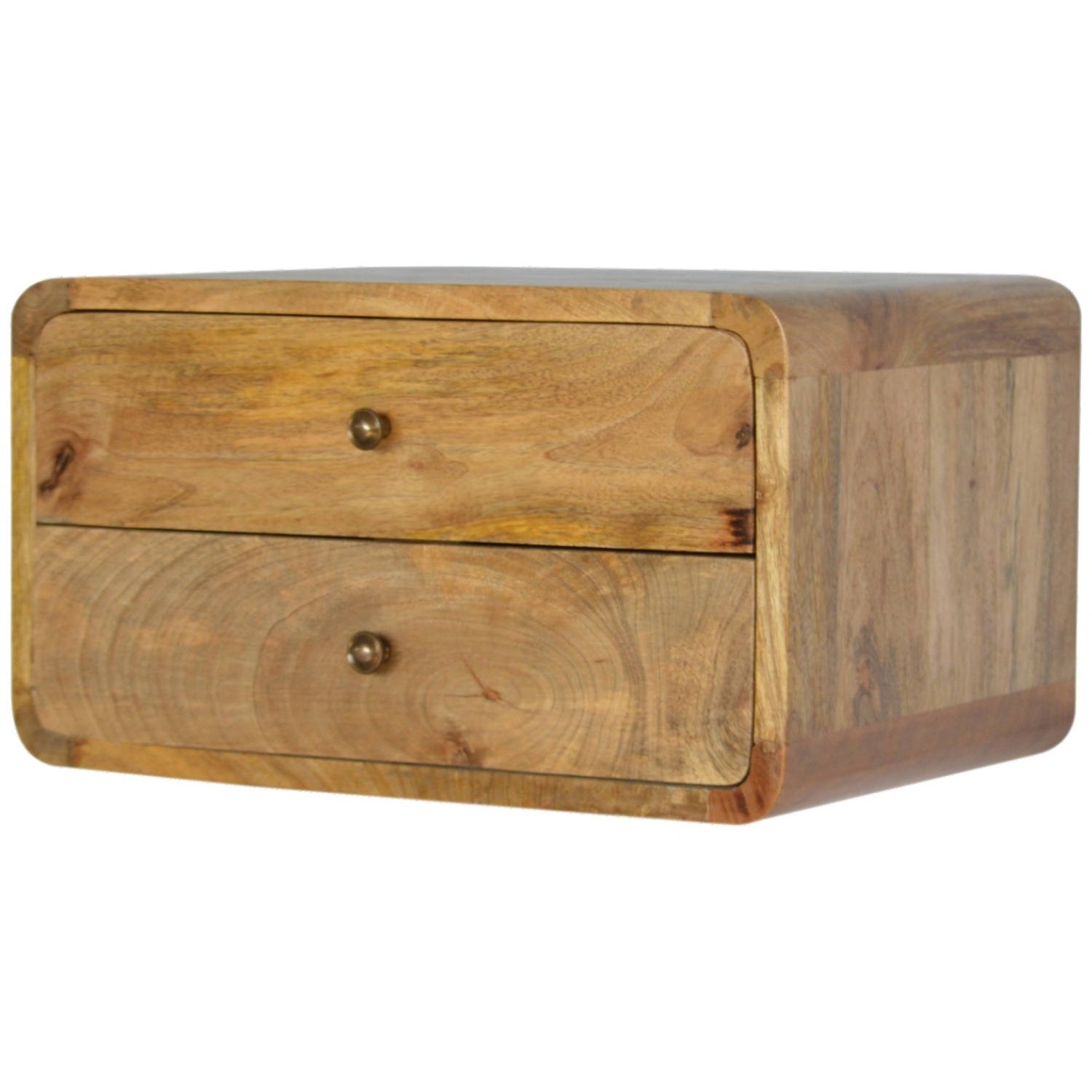 2 Drawer Curved Wall Mounted Oak-ish Mango Wood Bedside Table - Brown