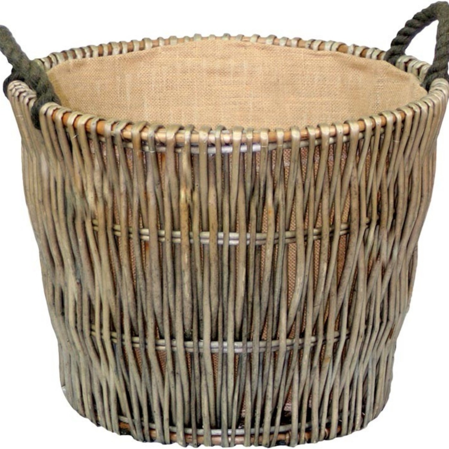 Round Grey Hessian Lined Log Basket - Brown