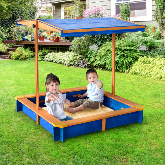 Outdoor Garden Square Wooden Sand Pit with Lid and Canopy, Sandbox, Garden Toy