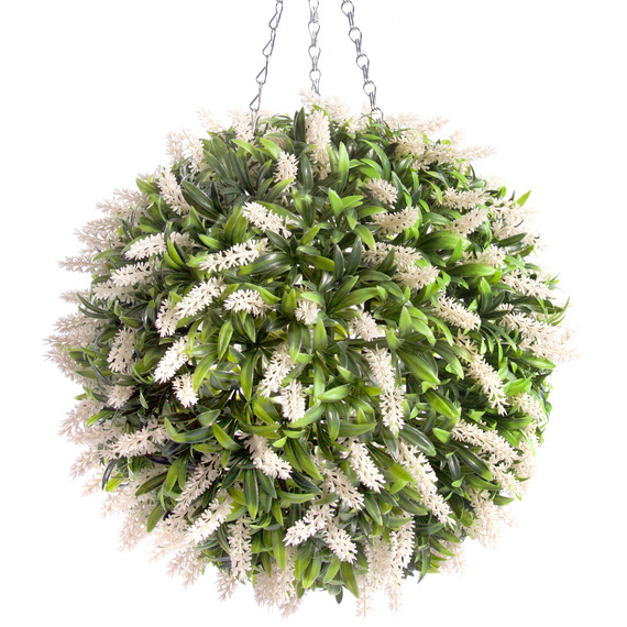 Best Artificial 38cm White Lush Lavender Hanging Basket Flower Topiary Ball
