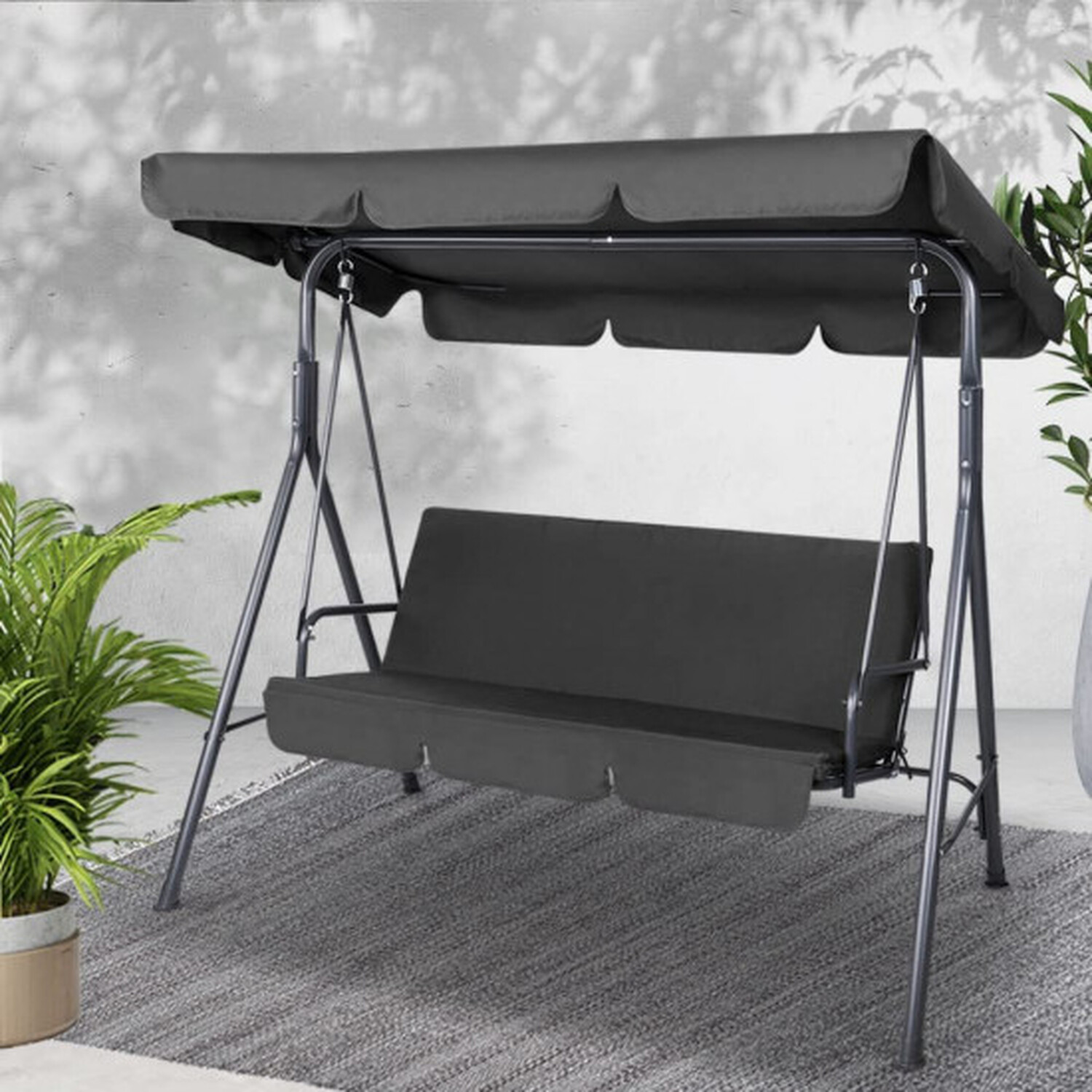 3 Seater Garden Swing Chair Seat Hammock Swinging Metal Terrace - Grey