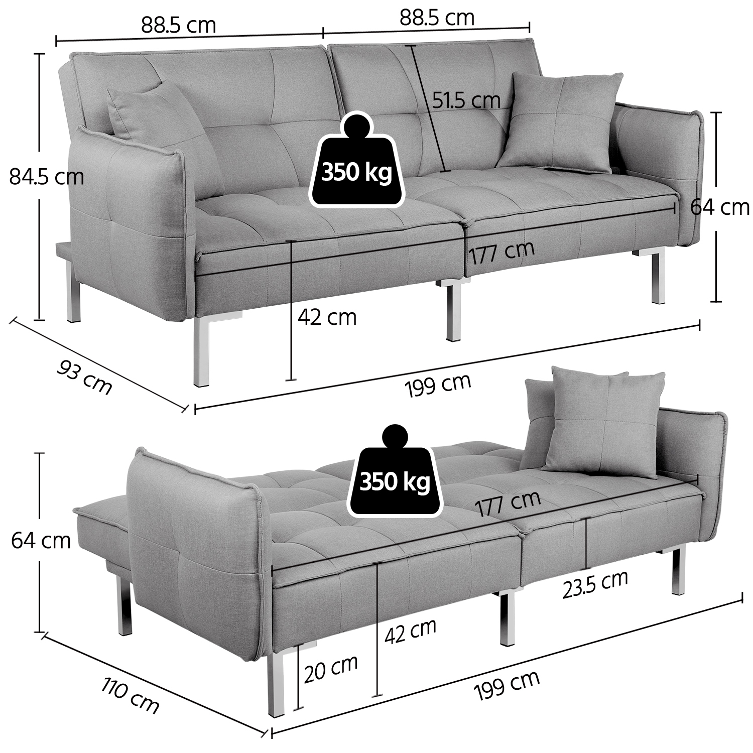 Yaheetech Convertible Sofa With 2 Pillows - Light Grey
