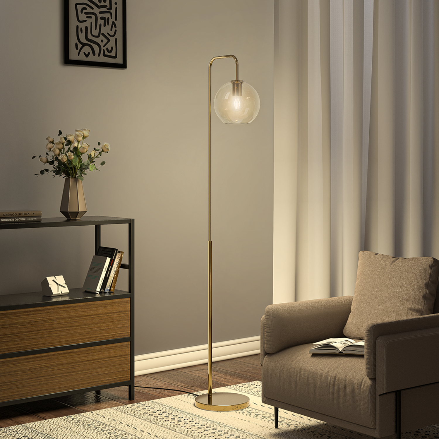 Bedroom Floor Lamp Reading Light With Transparent Glass Lampshade - Golden