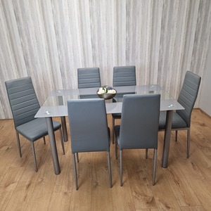 Stunning Glass Grey Dining Table Set and 6 Leather Chairs