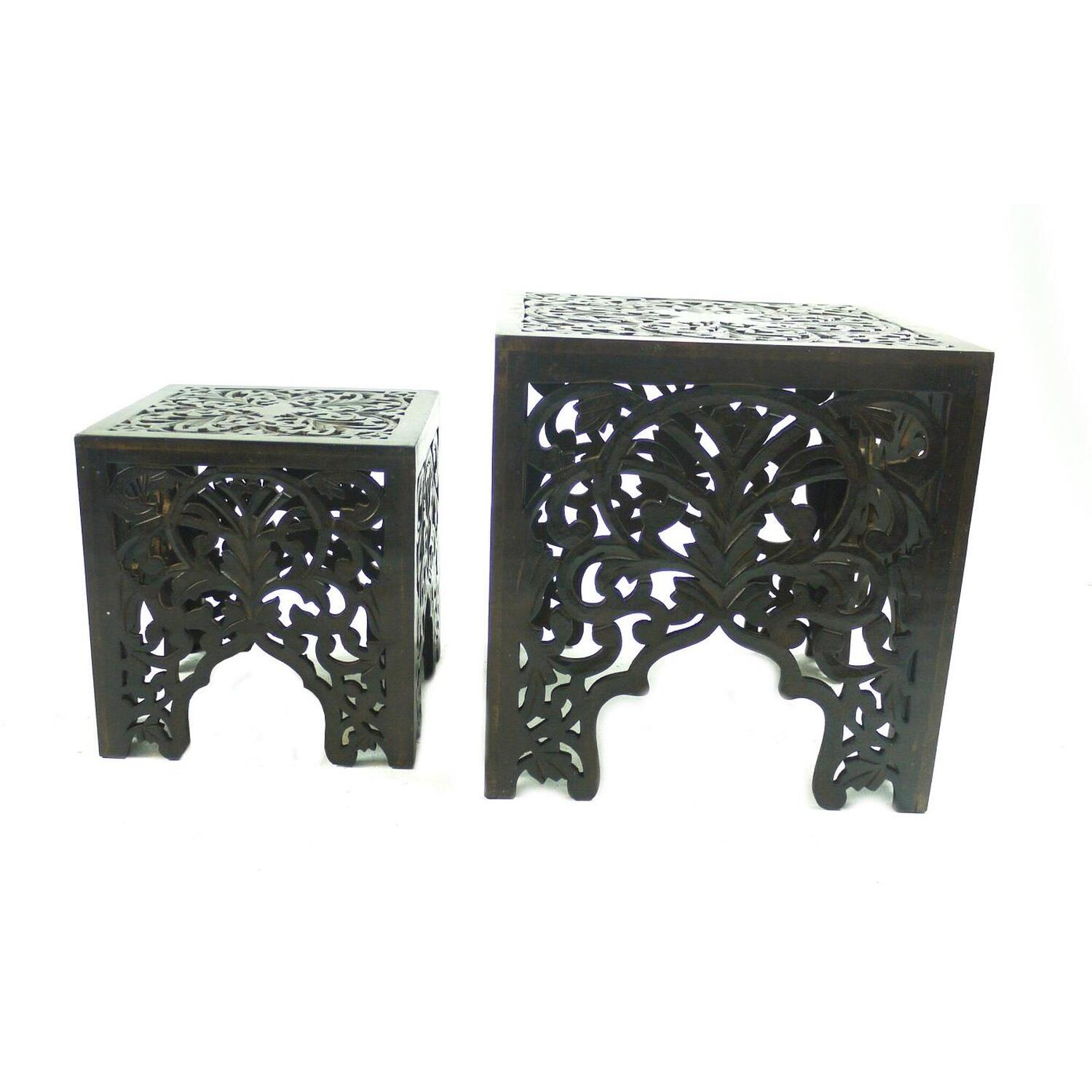 Beautiful Square Carved Indian Wooden Side End Coffee Table - Dark Brown Yes 30cm
