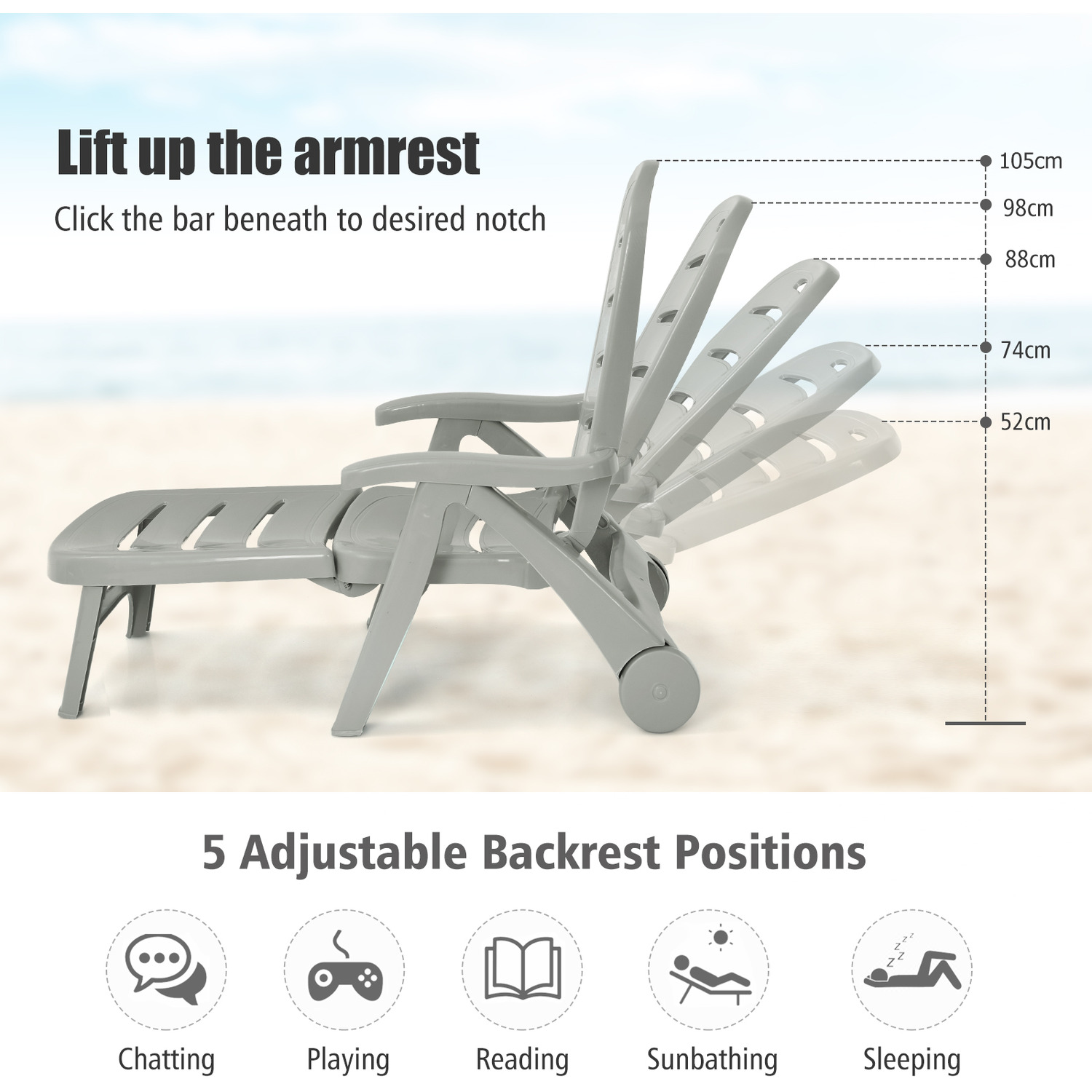 Folding Reclining Chair Chaise Lounge - Grey