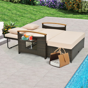 Brown 3-in-1 Garden Wicker Daybed Loveseat Side Table shot 4870565