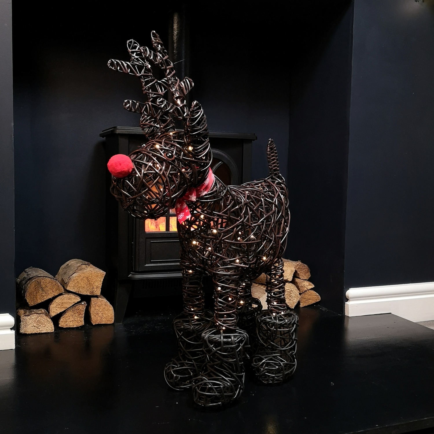Battery Operated Rattan Woven Rudolph Reindeer with LEDs