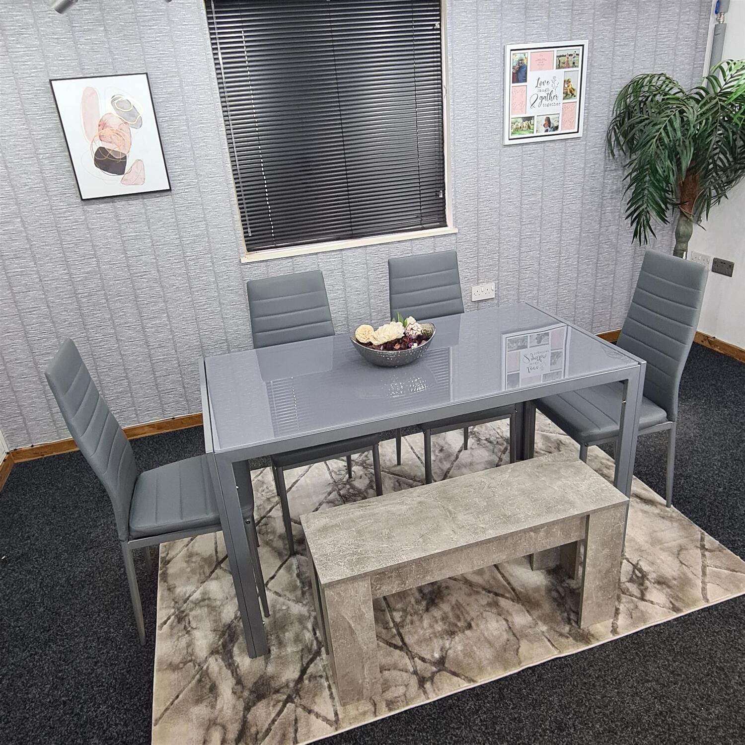 Dining Grey Glass Table With 4 Grey Faux Leather Chairs And 1 Bench Set