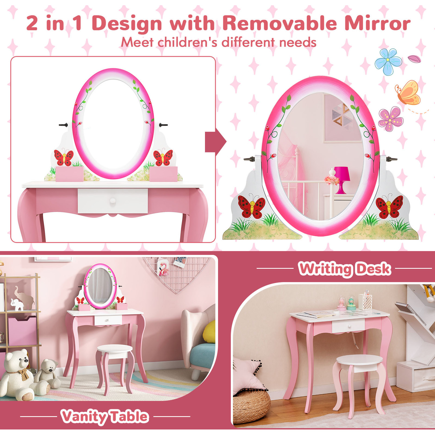 Kids Vanity Table Stool Set - White