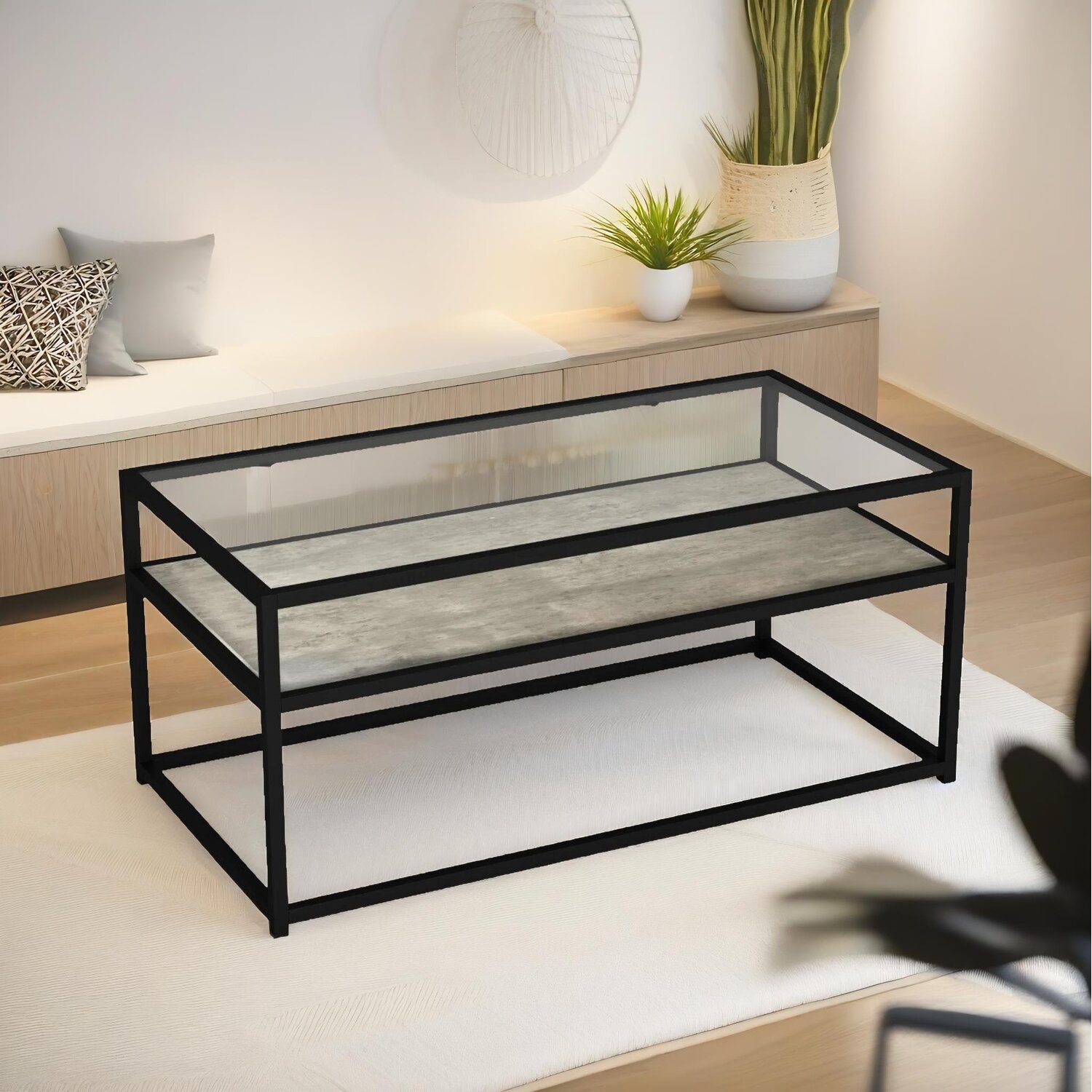 Glass Top Coffee Table With Steel Frame - Concrete Concrete