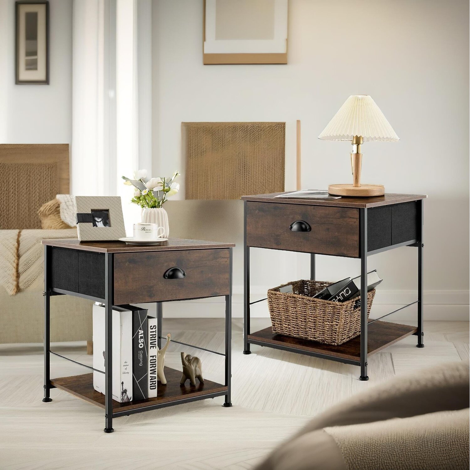 2pc Industrial Bedside Tables With Drawer Bedroom Furniture - Brown