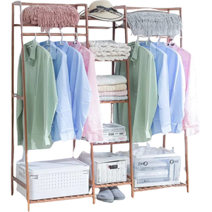 Large Bamboo Open Wardrobe Garment Rail With Storage Shelves