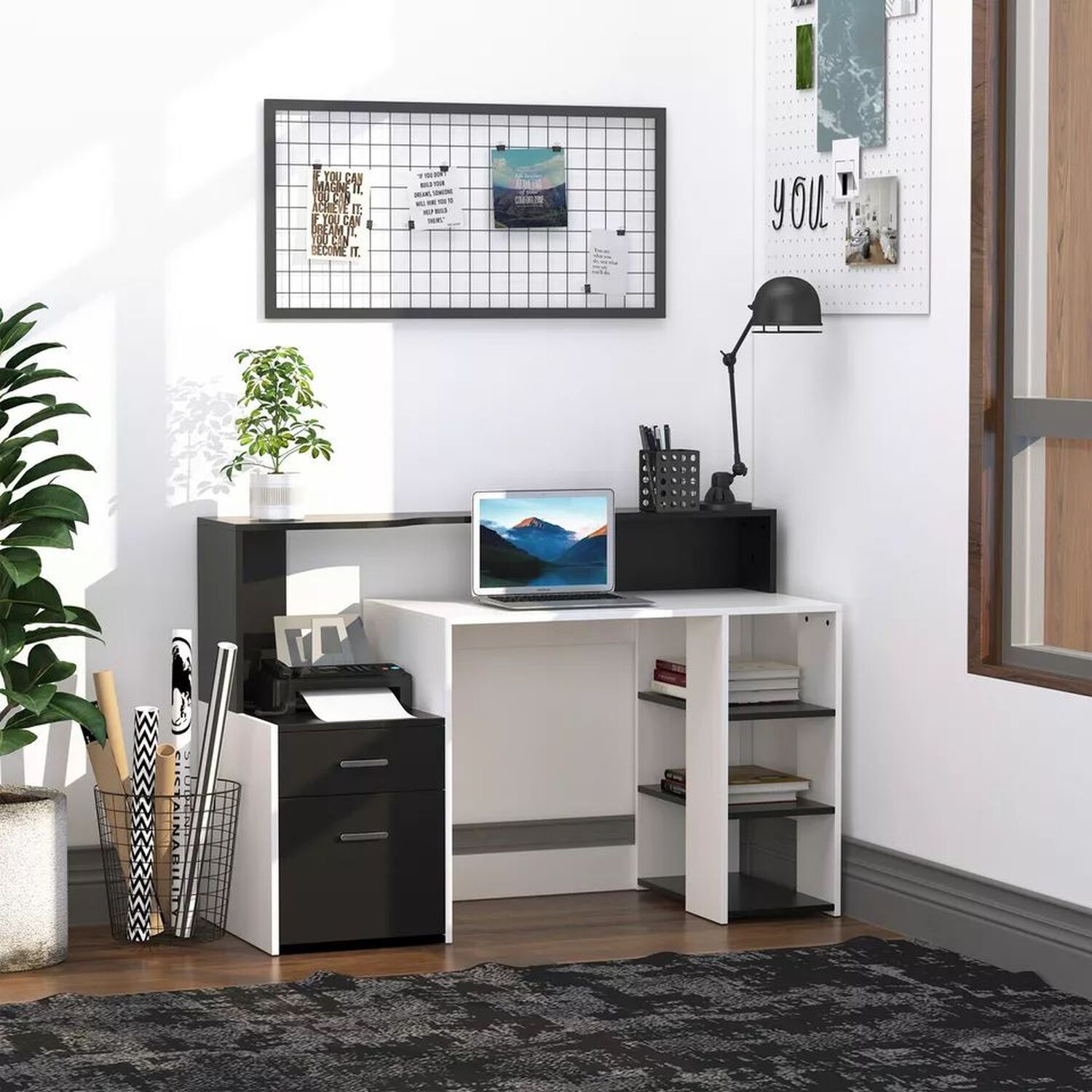 Modern Computer Desk With Drawers And Tray - Black And White