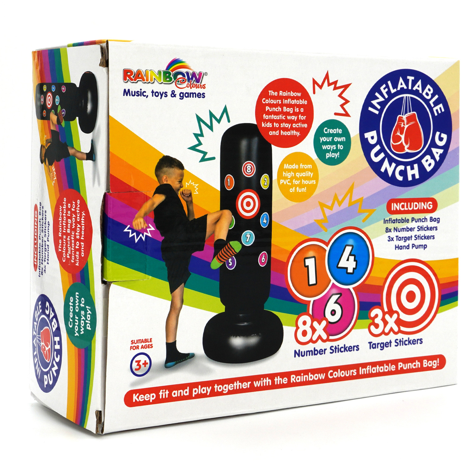 Kids Inflatable Punching Bag With Stickers - Free Standing Rainbow Punch Bag Toy For Active Play