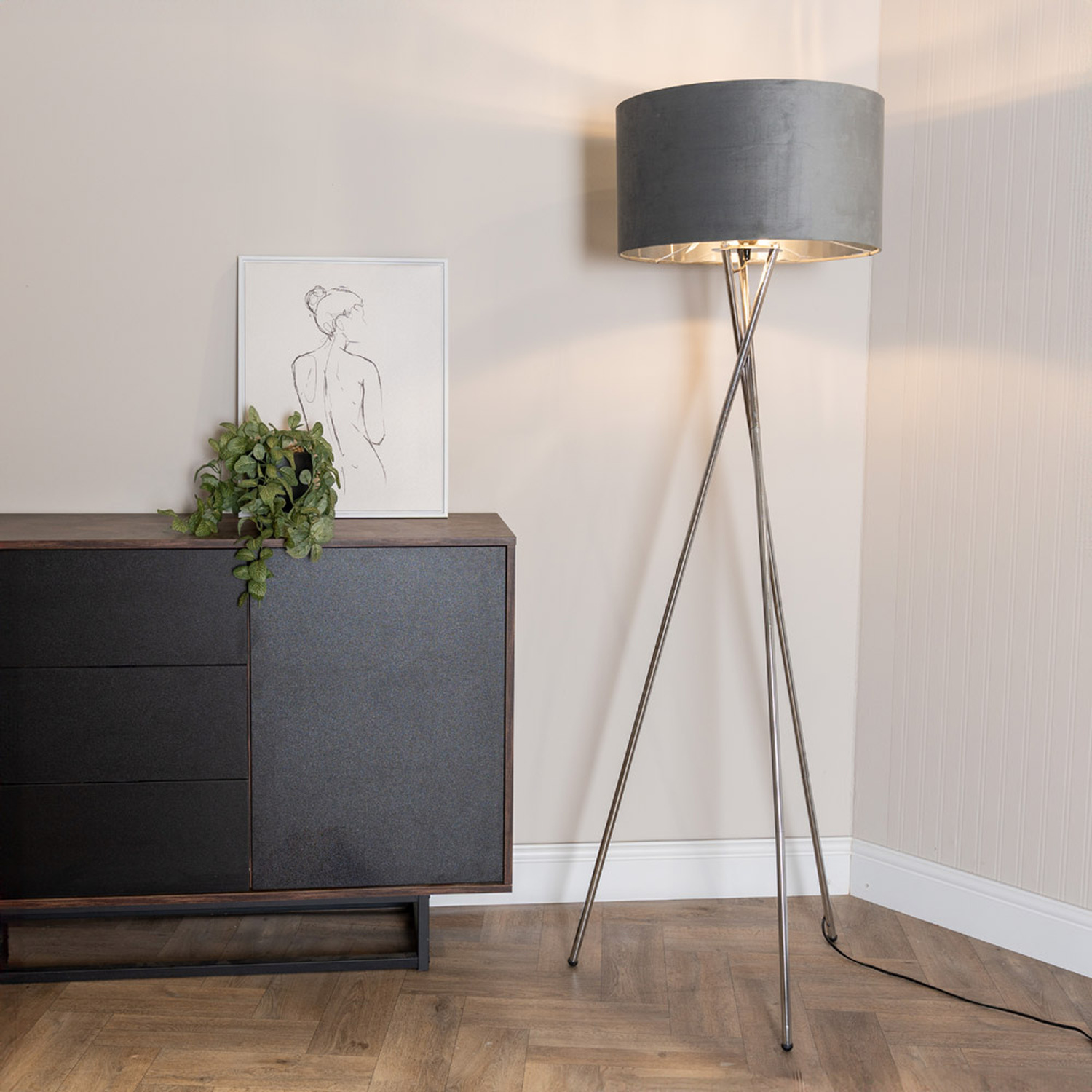 Image of Camden Chrome Tripod Floor Lamp with&hellip;