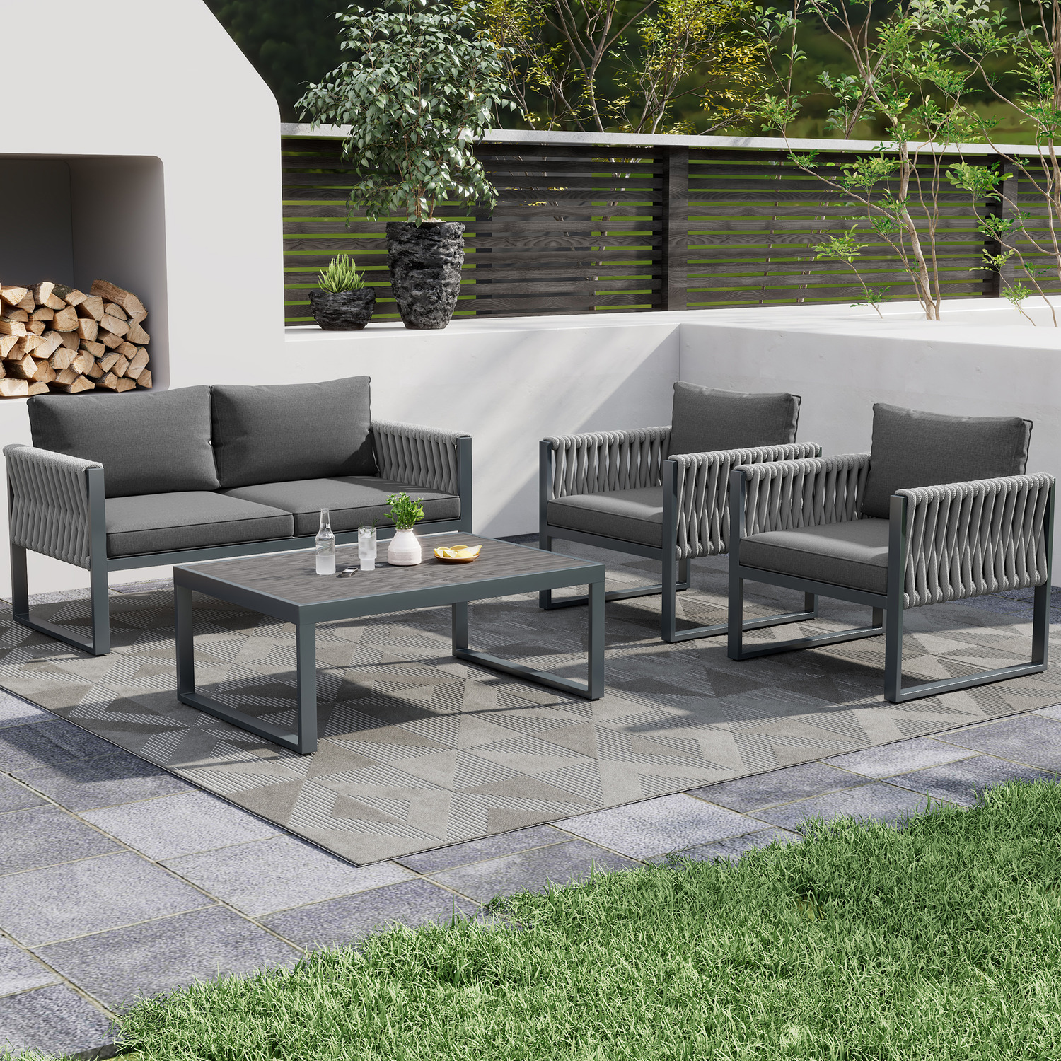 Outdoor Garden Furniture Set With Coffee Table - Grey