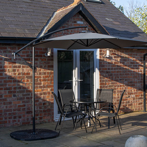 4 Person Glass Top Garden Dining Table Chairs With Grey Parasol