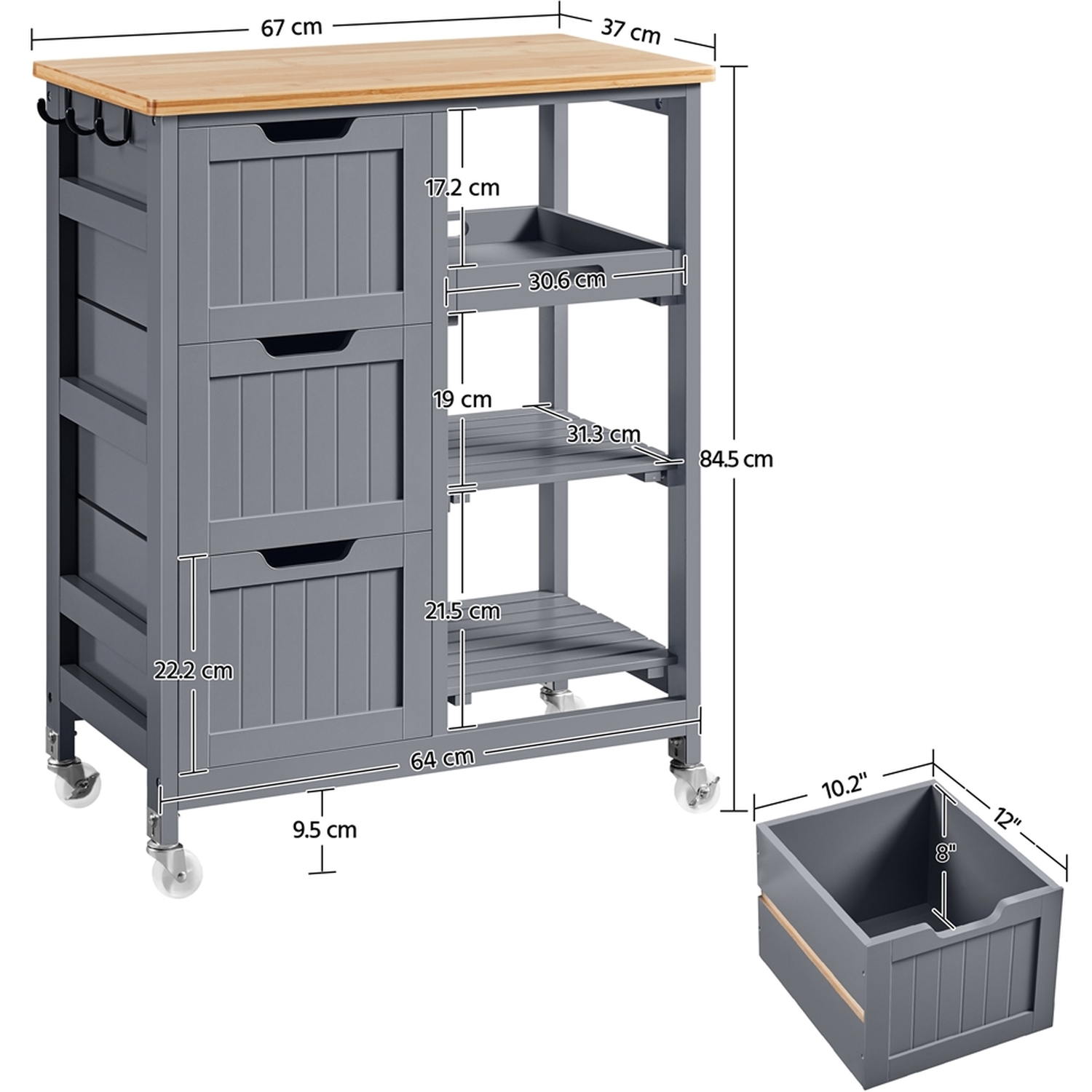 Yaheetech Kitchen Island Serving Cart With Storage - Grey
