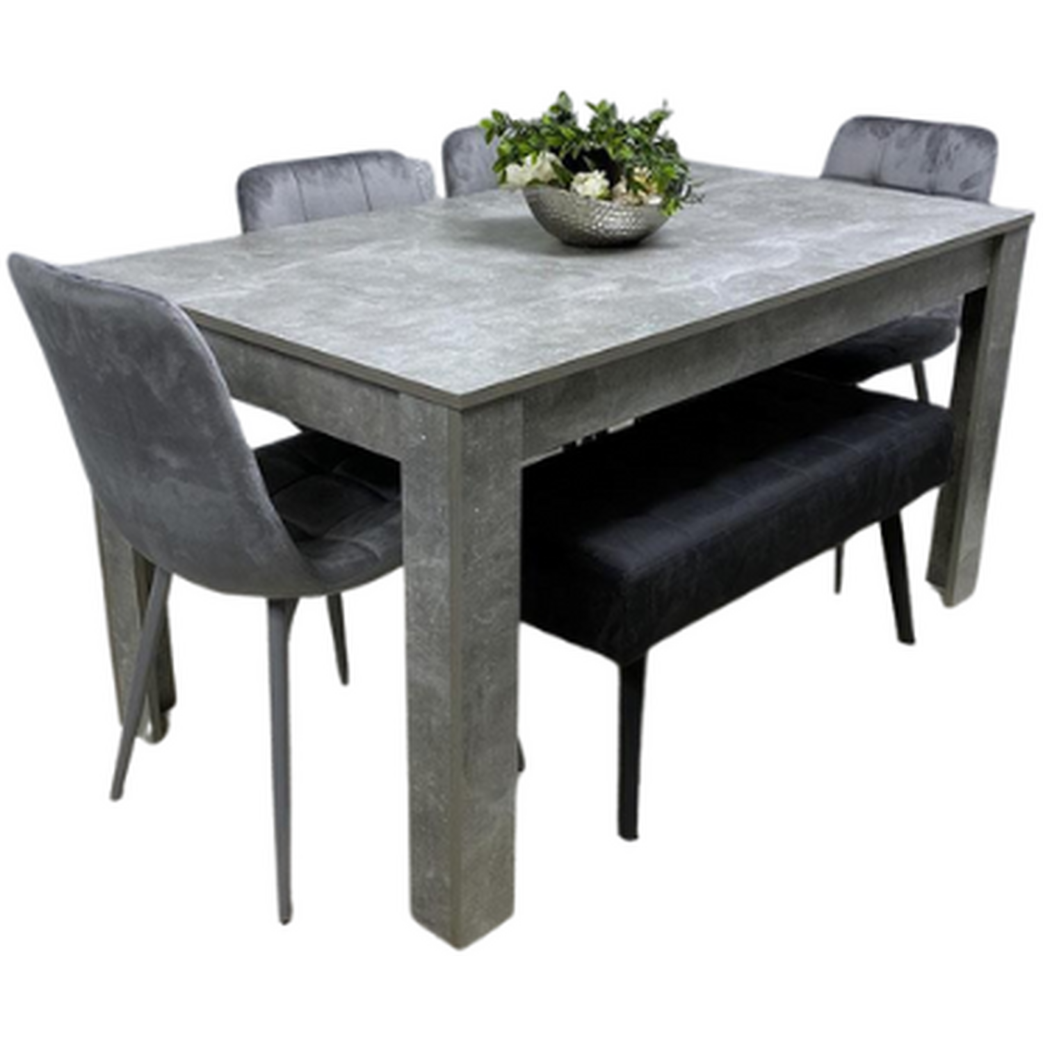 Grey Wooden Dining Table Set with 4 Grey Chairs and 1 Bench
