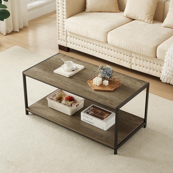 Rustic Coffee Table Grey with Metal Frame for Home Decor