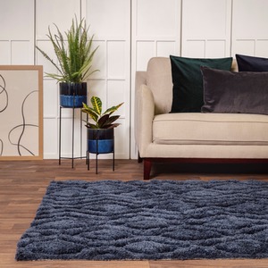 Navy Blue Geometric Carved Shaggy 40mm Area Rug - Harrison