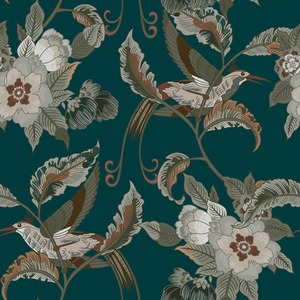 Beautiful Birds Wallpaper in Bottle Green