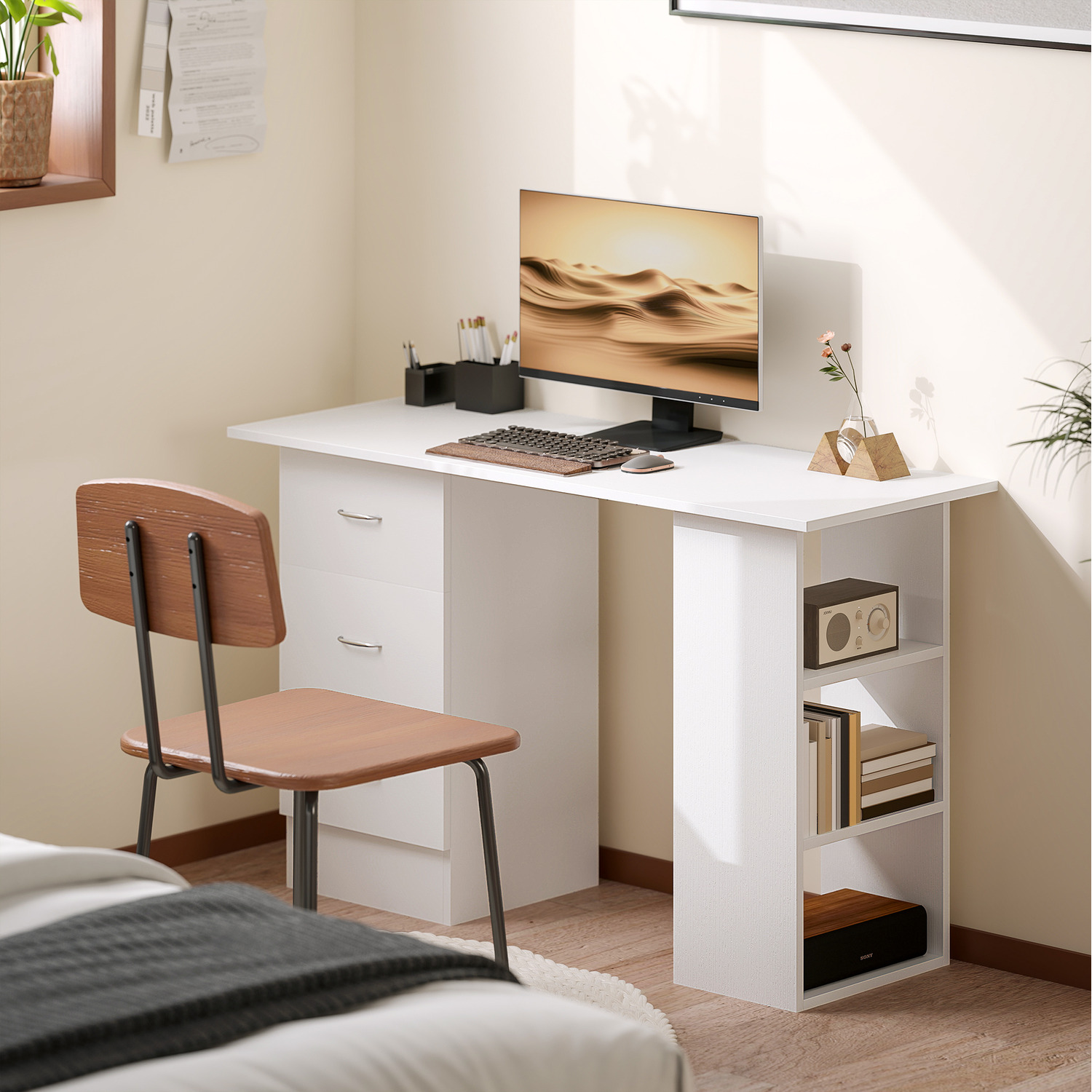 Homcom 120cm Computer Desk Pc Table Workstation Shelf Drawers White - White