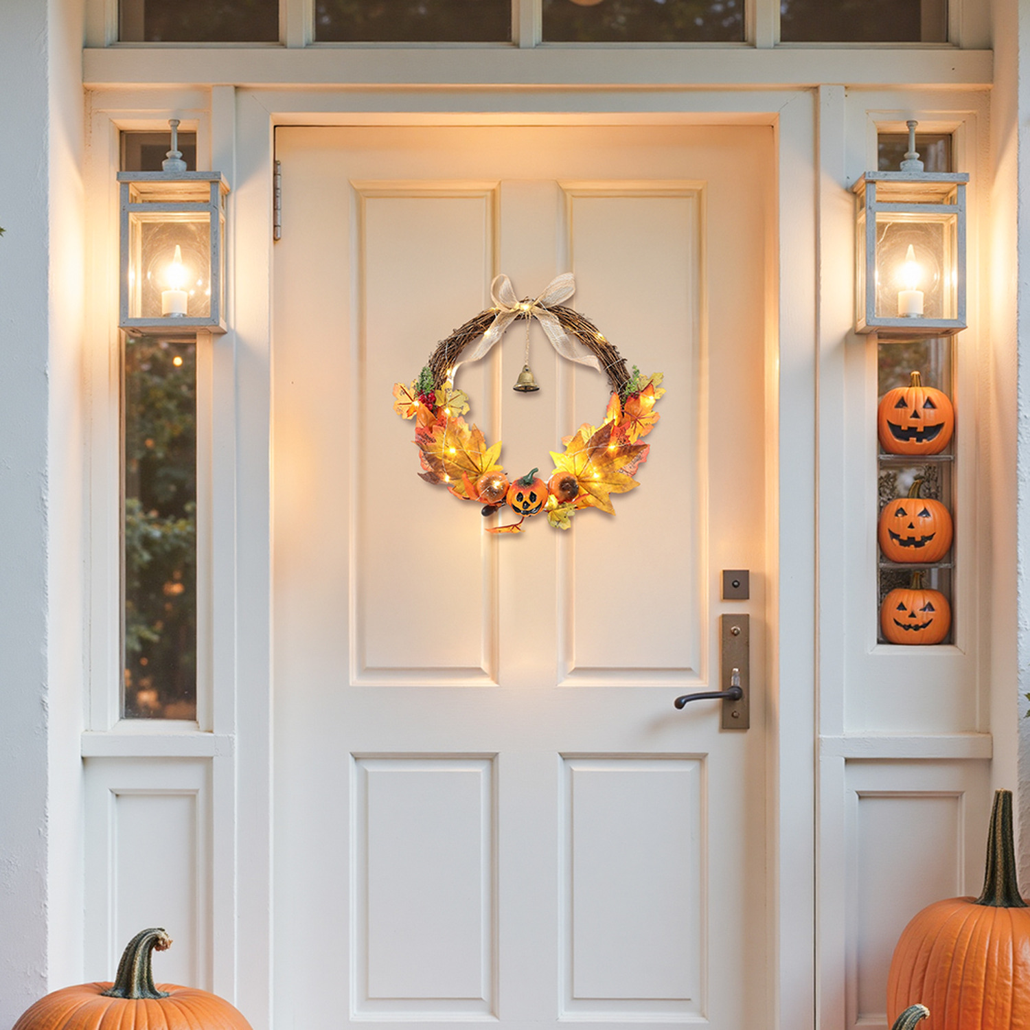 Lifeideas Artificial Pumpkin Maple Leaves Wreath with Bell - Orange