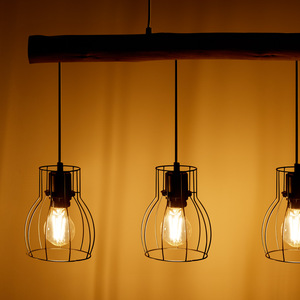Pendant Light, Rustic Wood  Black Metal, Minimalist Lampshades, 4x E27 Bulbs