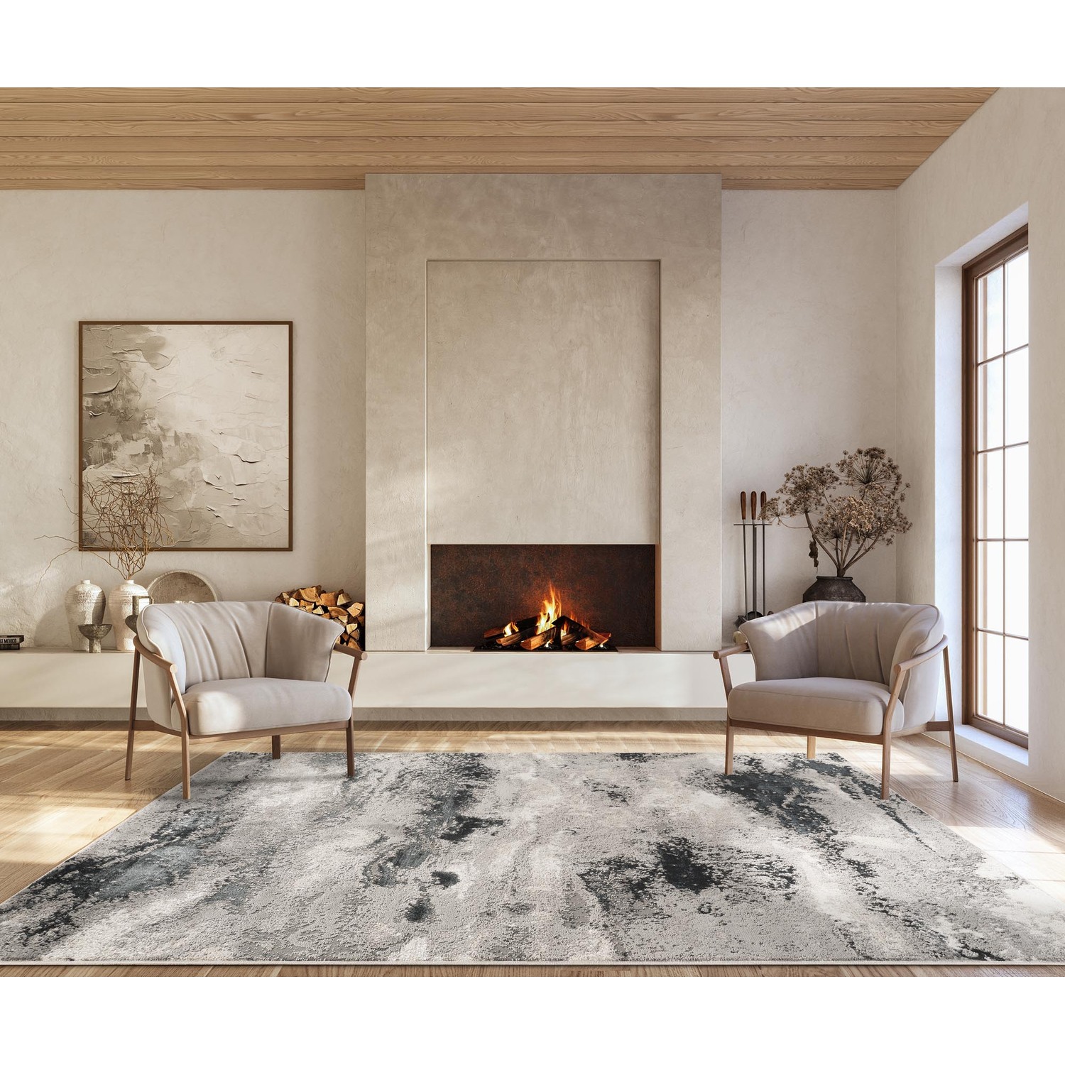 Elysium Modern Abstract Action Living Room Area Rug Metallic Sheen- Mist Grey - Grey / 170cm