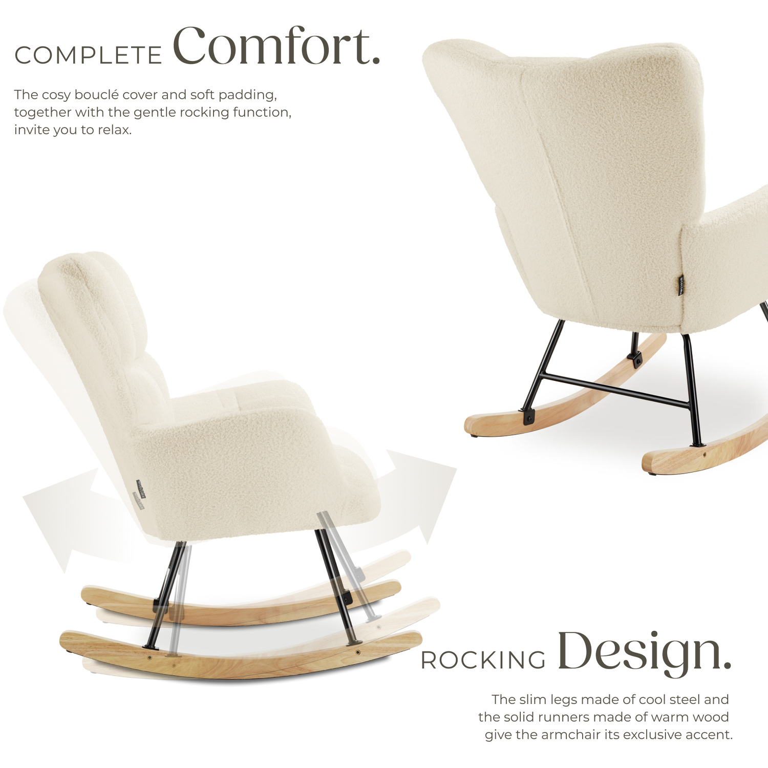 Rocking Chair Torve Boucle Plush Padding Wooden Runners - Beige Boucle