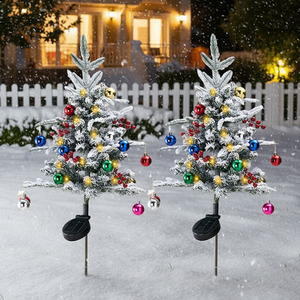 Set of 2 Snow-Dusted Solar Christmas Tree with LED Baubles