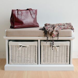 Tetbury Bench with 2 White Rattan Baskets