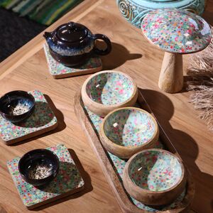 Mango Wood Tray with 3 Bowls Mediterranean Tile pattern