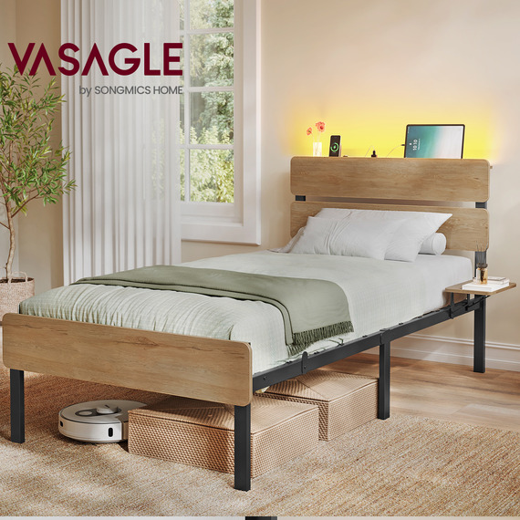VASAGLE Single Metal Bed Frame, 90 x 190 cm, LED Lights, USB