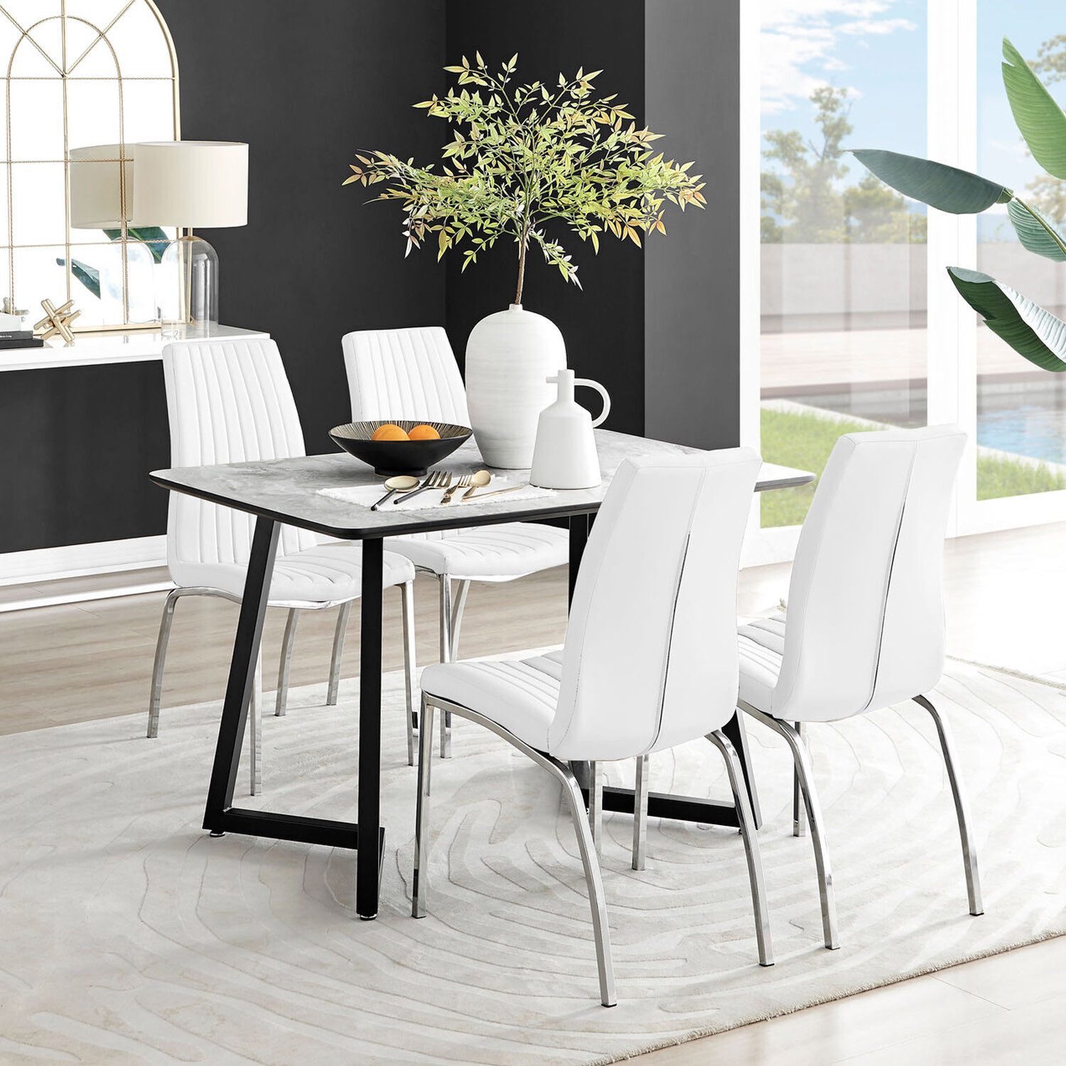 Carson White Marble Effect Dining Table and 4 Isco Chairs - White