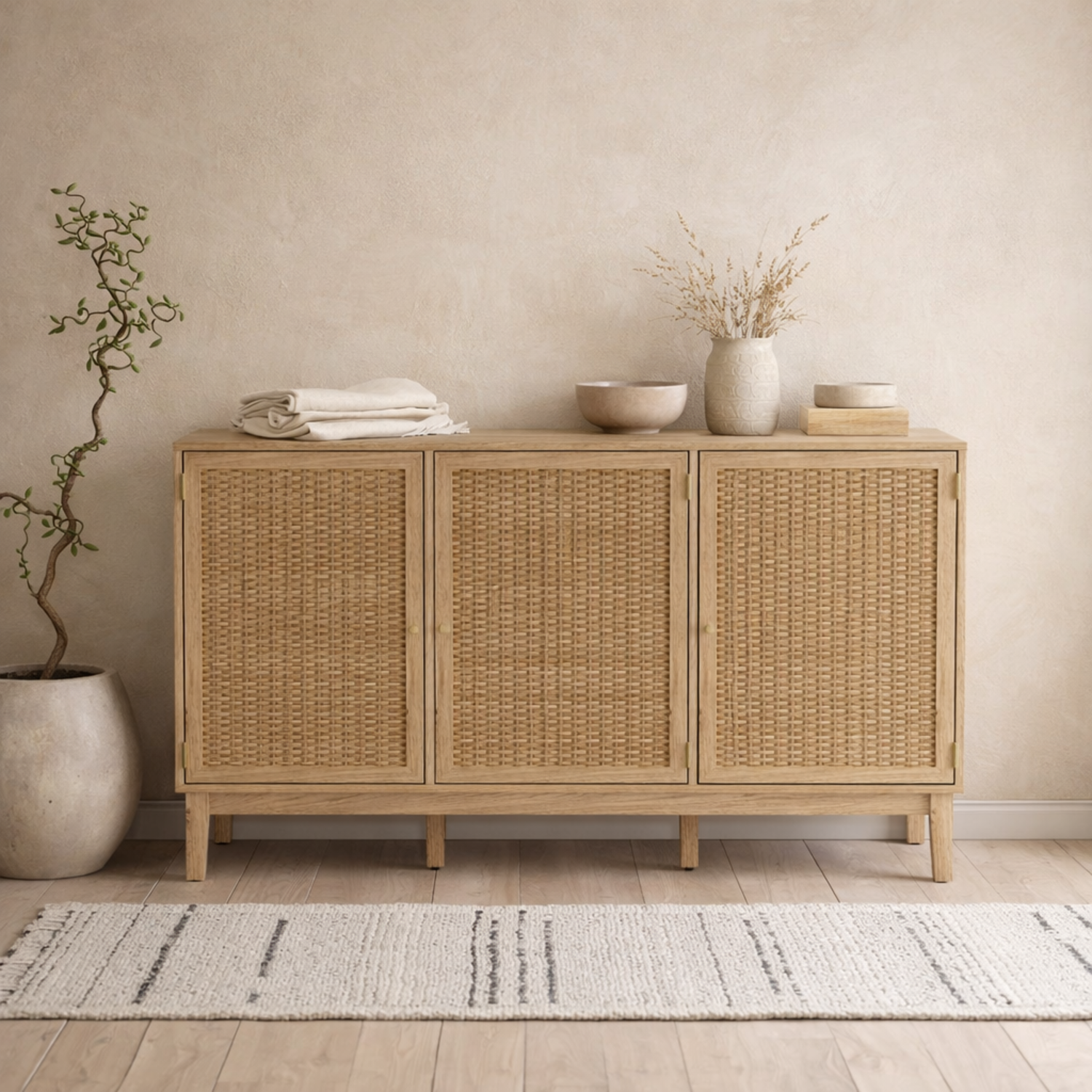 Wyld Haus Waterford Oak and Rattan Sideboard, 3 Drawers, Matt Finish - Natural