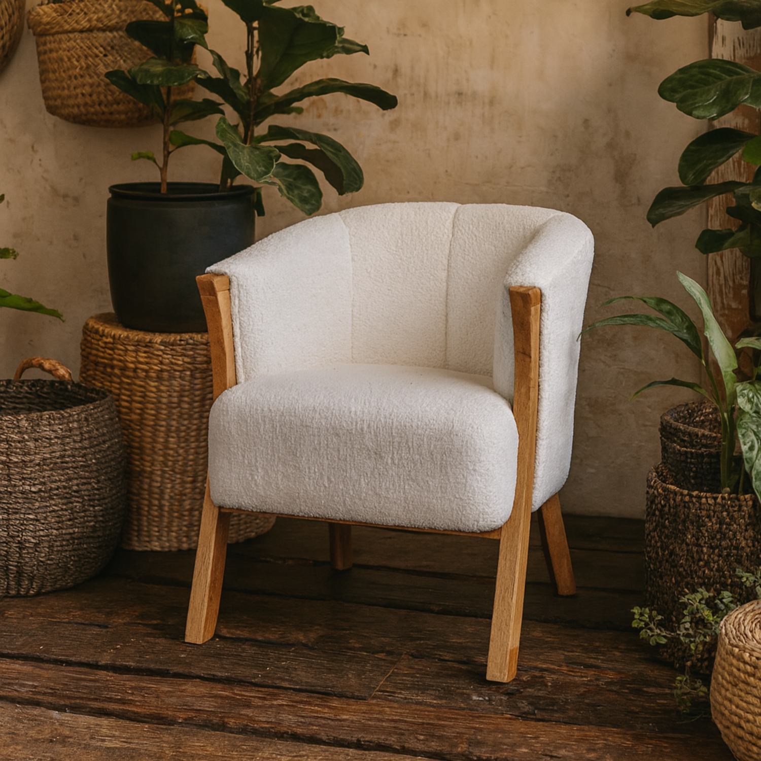 Sarlat White Boucle Accent Chair with Mango Wood Legs - White
