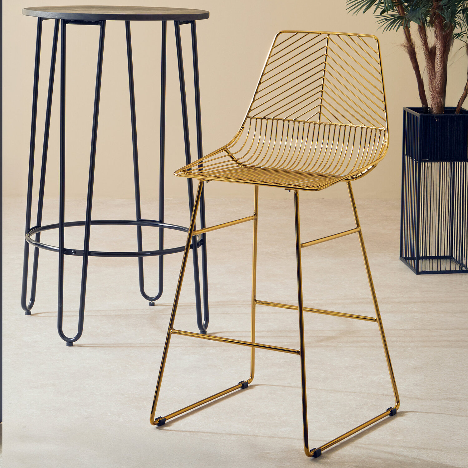 District Gold Metal Wire Tapered Bar Chair - Gold