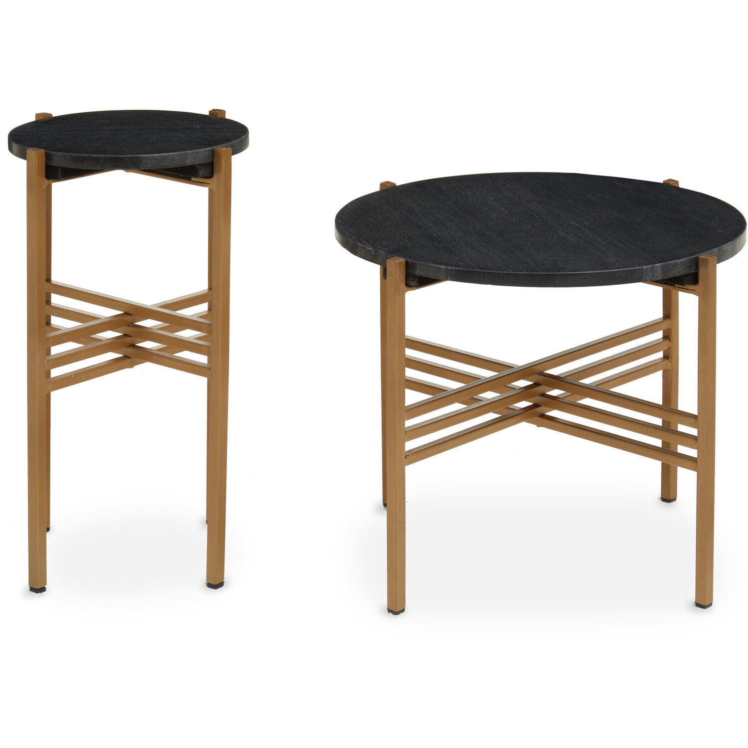 Fifty Five South Varana Set Of 2 Black Marble Top Round Side Table - Gold
