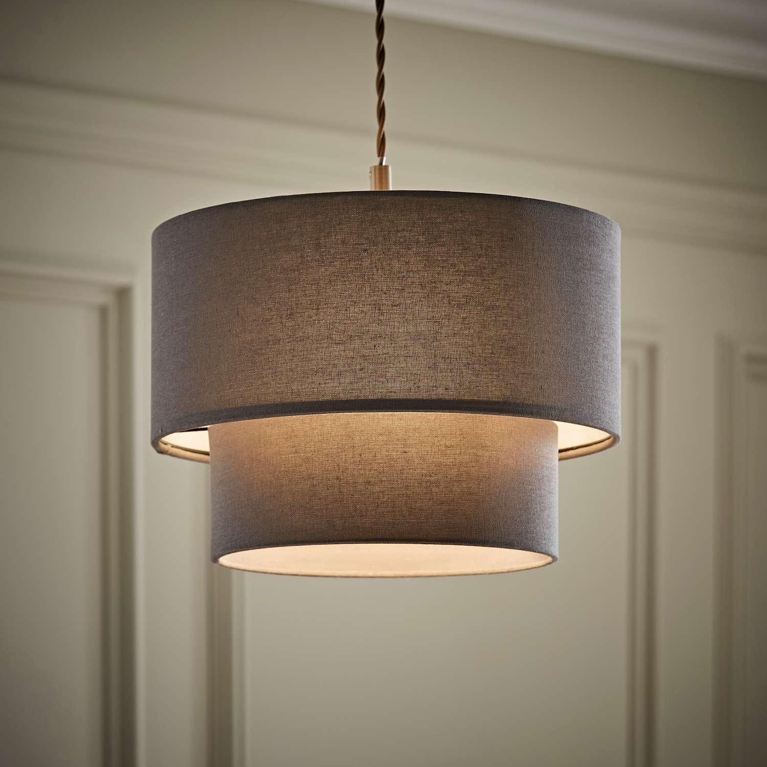 Valuelights Unisex Grey Jodie Linen Two Tier Easy Fit Drum Ceiling Light Lamp Shade With Bulb In - Image 3