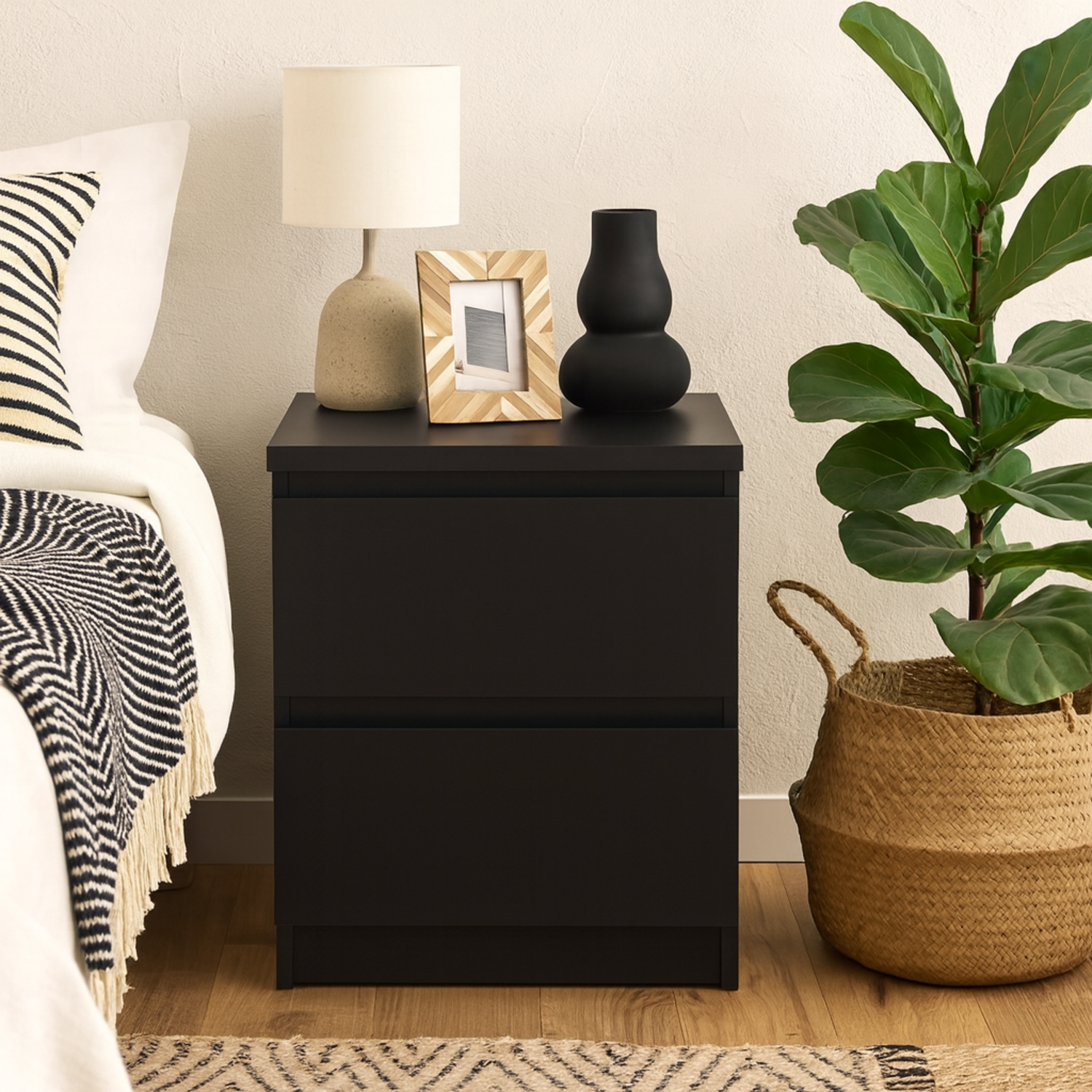Budapest Matt Wooden Bedside Chest 2 Drawer Nightstand - Black