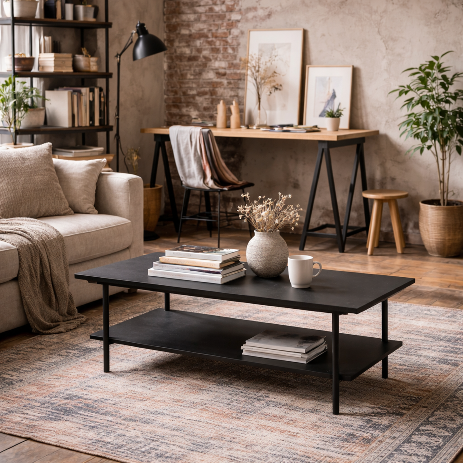 Cambridge Matt Rectangular Coffee Table with Lower Shelf - Black