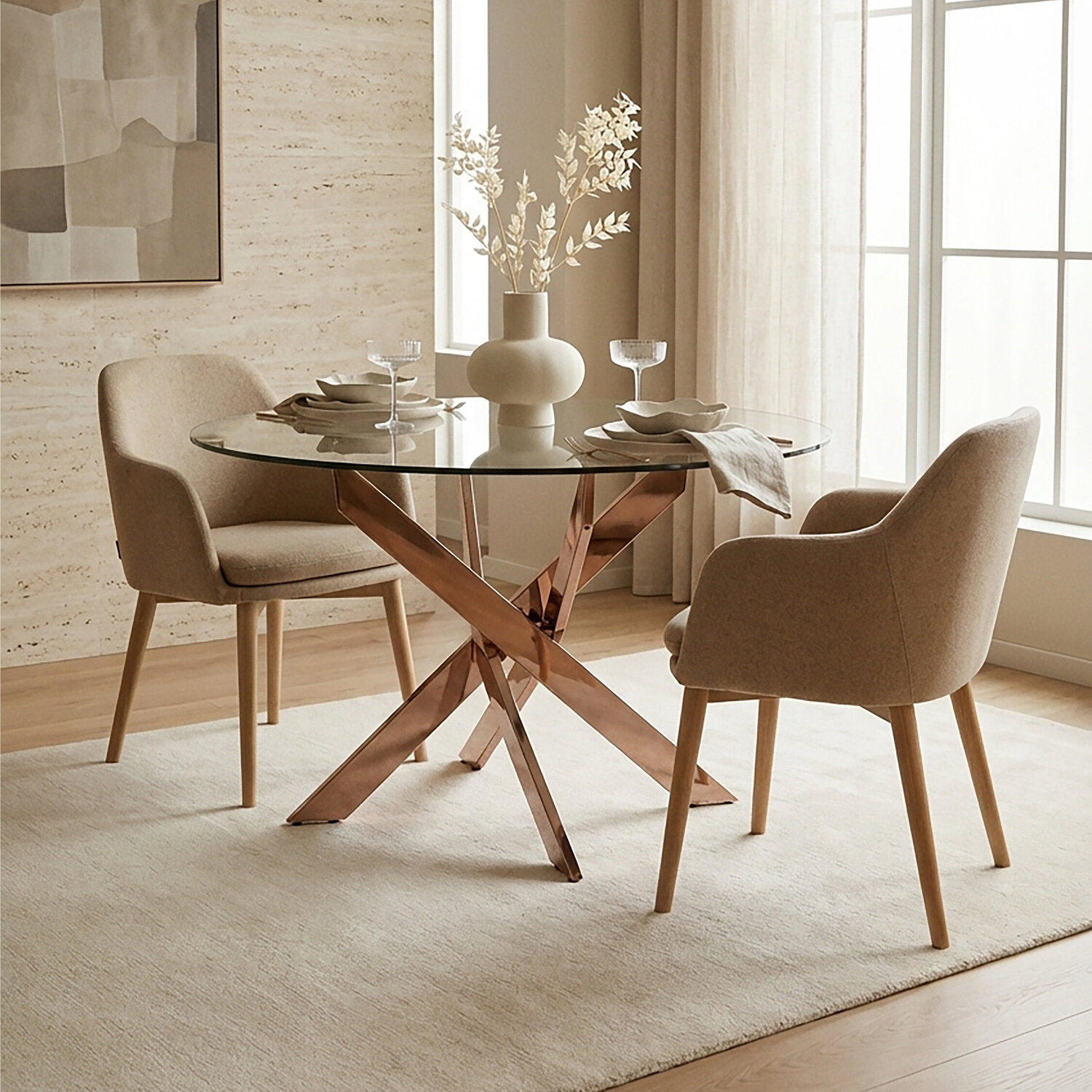 Allure Round Dining Table with  Intersected Rose Gold Legs - Gold