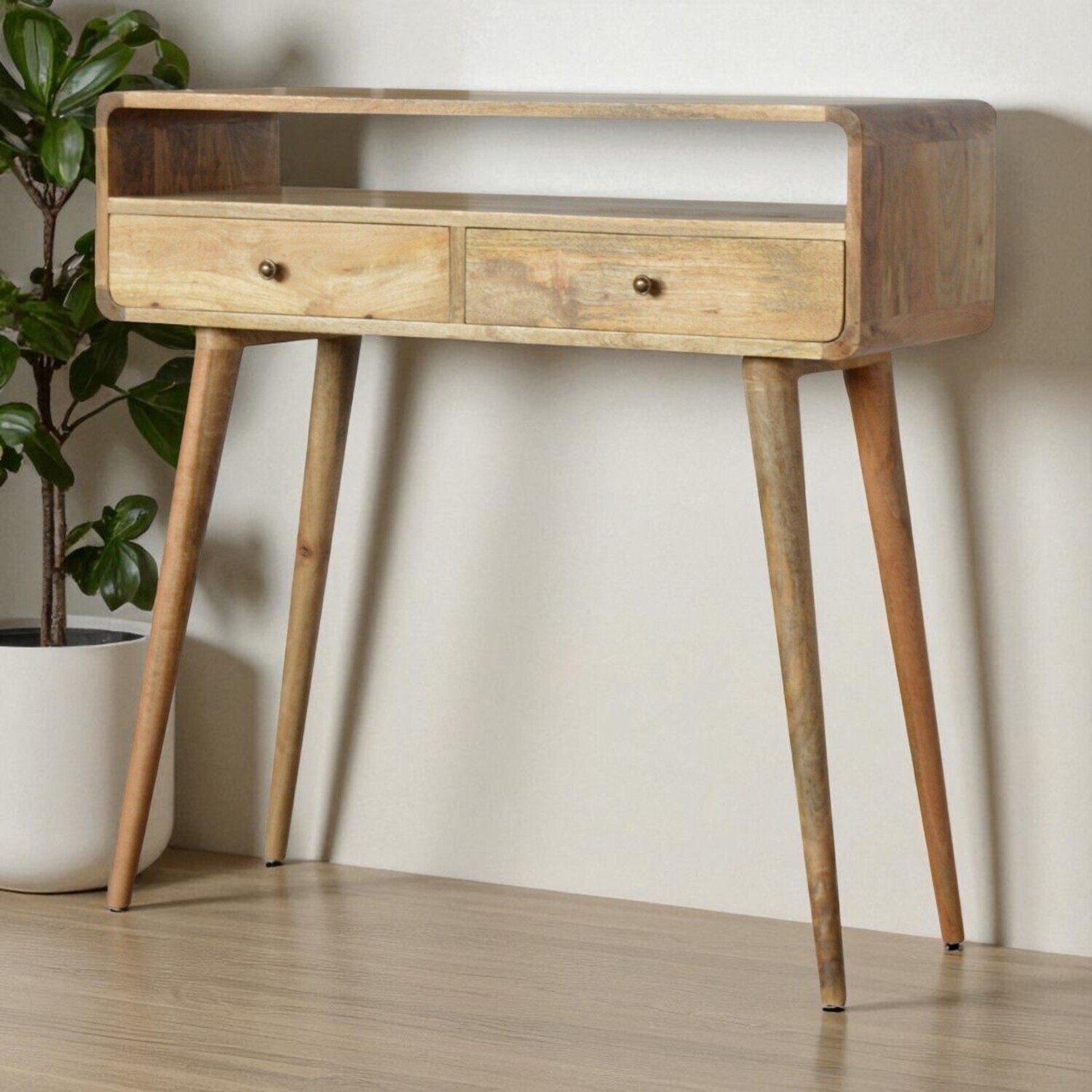 Artisan Furniture Solid Wood Curved Oak-Ish Console Table - Brown