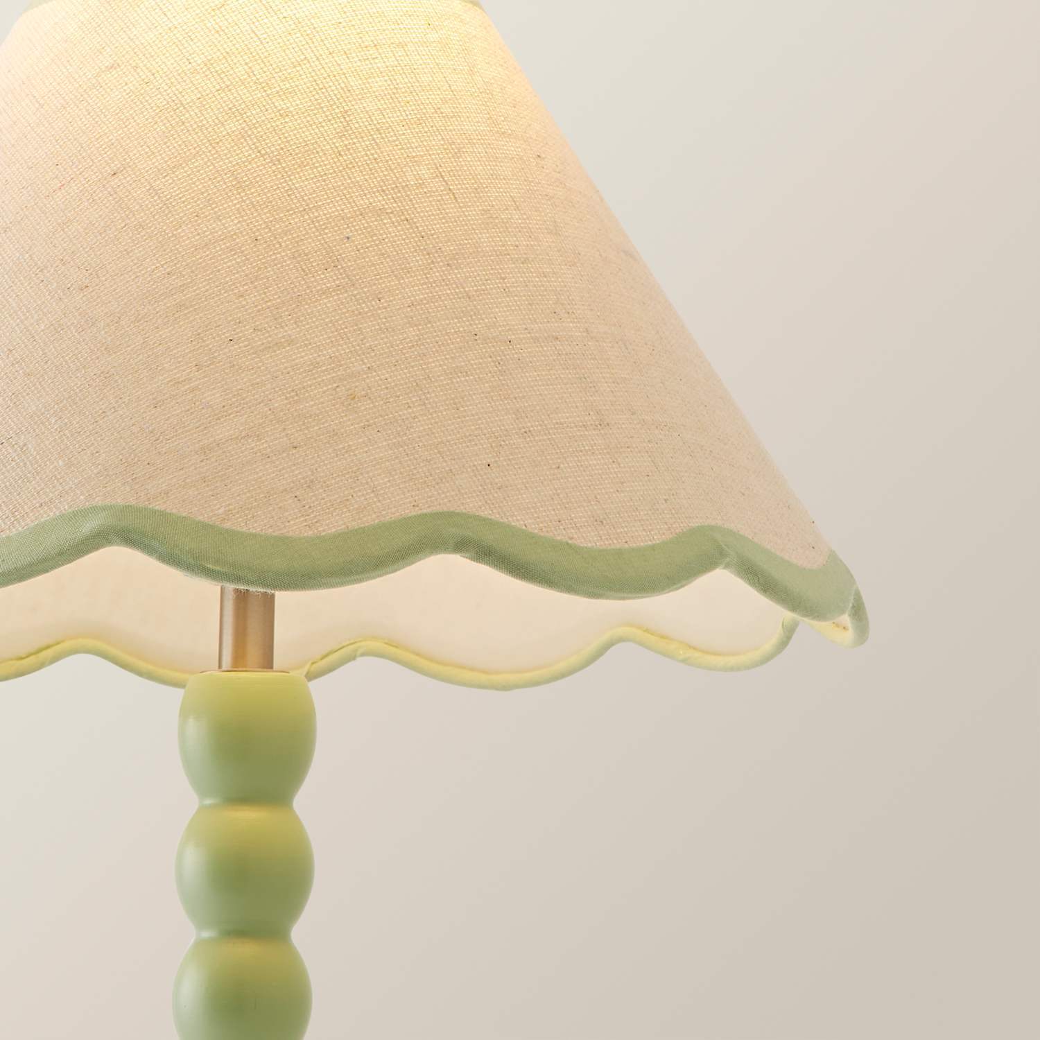 Valuelights Unisex Pale Green Bobbins Sage Green Table Lamp W/ Tapered Natural Linen Scallop Shade In - Image 2