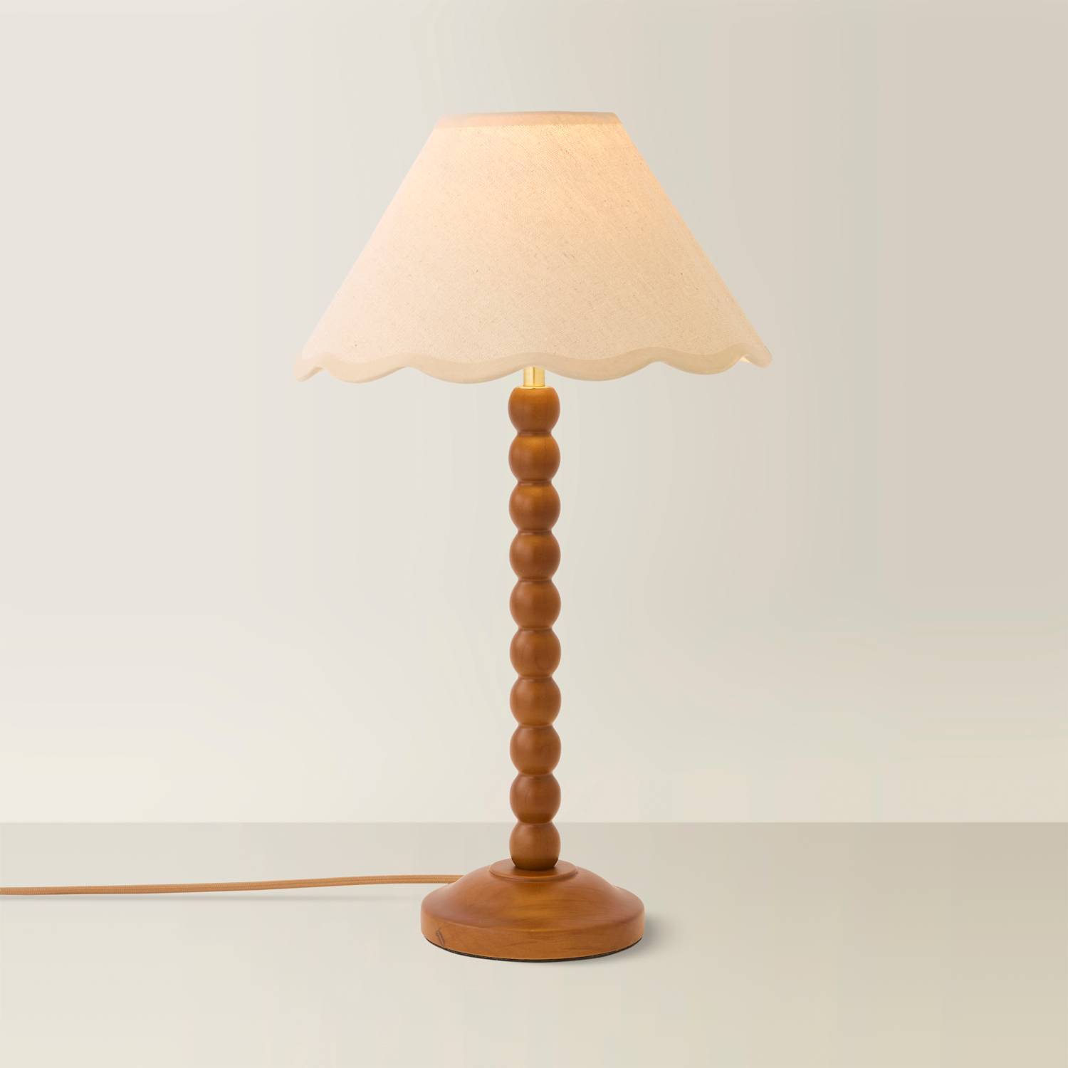 Valuelights Bobbin Walnut Table Lamp With Trim Scallop Shade - Natural / No