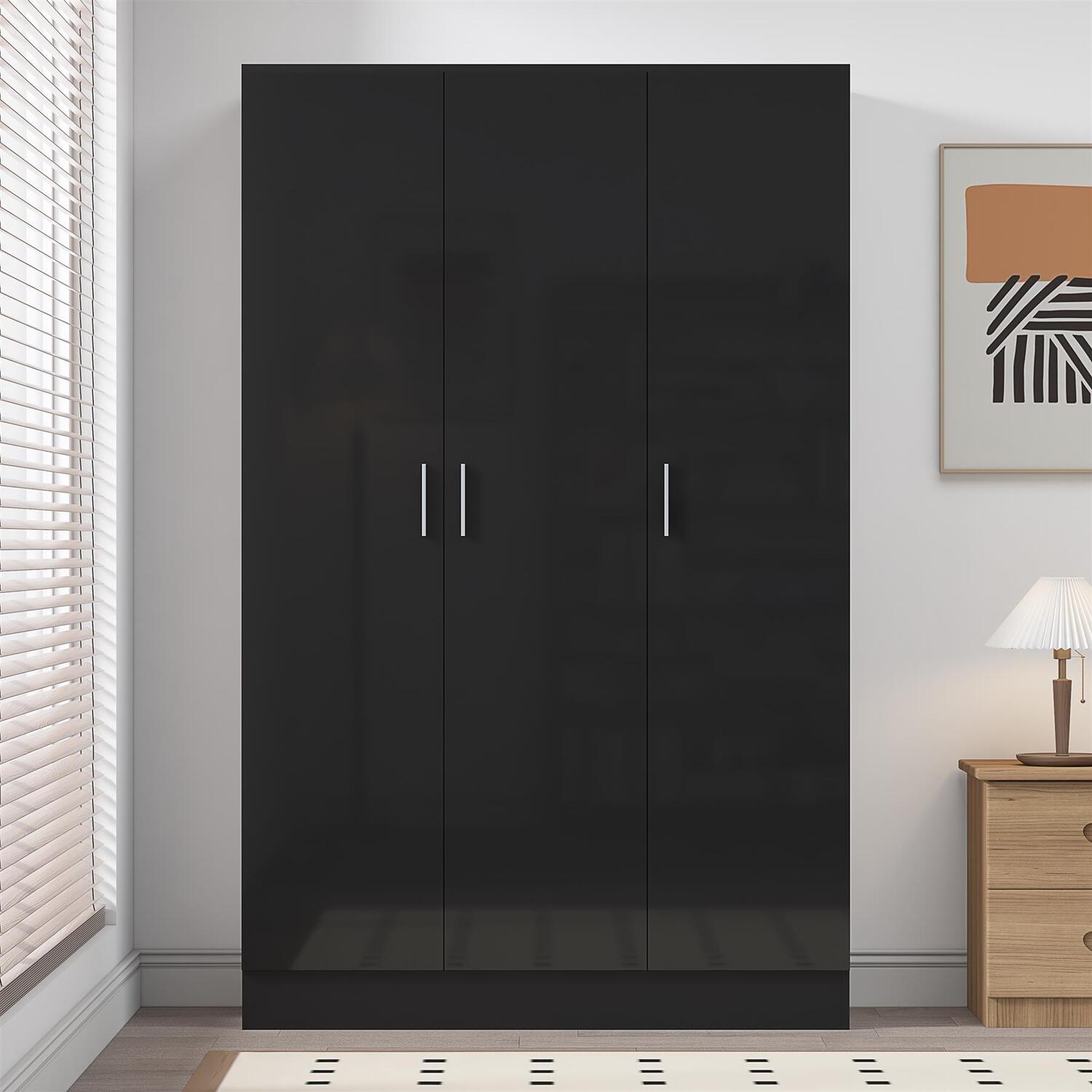 REFLECT Wardrobe 3 Door Plain - Black High Gloss Front / Black Oak Matt Finish - Black Gloss / Matt Black